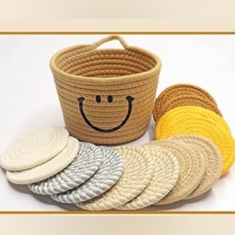 Smiley Face Woven Basket with Coasters - Picture 2 of 5
